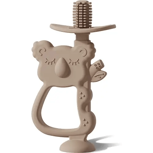 Moonkie Teething Toy, Safe & Easy to Hold BPA Free Silicone Teethers, 360° Baby Toothbrush with Suction Base, Teether Toys Best for Babies 6-12 Months (Koala Warm Taupe)