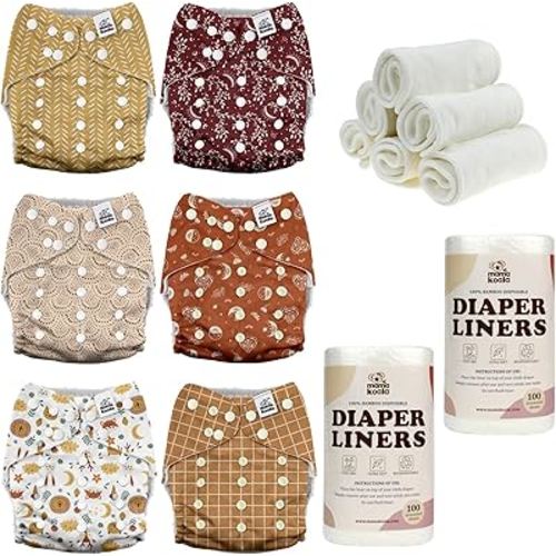 Mama Koala 3.0 Baby Cloth Diapers with 6 Inserts Bundle, with 2 Rolls Disposable Natural Liners
