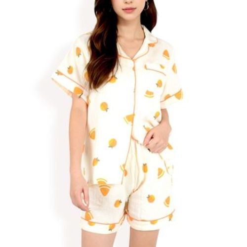 Anna-Kaci Lounge Women's Fruit Print 2-Piece Pajama Set with Short Sleeve Button-Up Top and Relaxed Fit Shorts - Small, Yellow