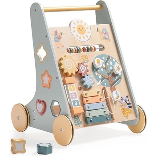 ROBOTIME Wooden Baby Walker for Boys, Modern Baby Push Walker, Baby Walker Push Toys with Wheels, Sit to Stand Walker for Baby Learning to Walk, Baby Walkers Activity