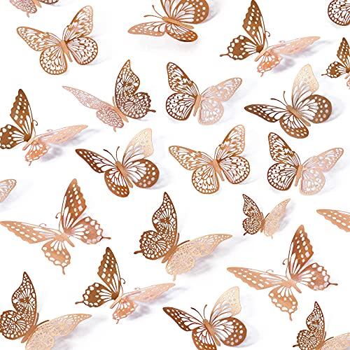 SAOROPEB 3D Butterfly Wall Decor, 48 Pcs 4 Styles 3 Sizes, Removable Metallic Wall Sticker Room Mural Decals for Kids Bedroom Nursery Classroom Party Decoration Wedding Decor DIY Gift (Rose Gold)