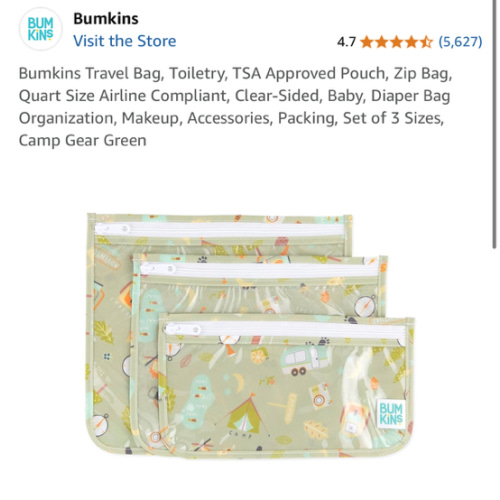 Bumkins Travel Bag, Toiletry, TSA Approved Pouch, Zip Bag, Quart Size Airline Compliant, Clear-Sided, Baby, Diaper Bag Organization, Makeup, Accessories, Packing, Set of 3 Sizes, Camp Gear Green