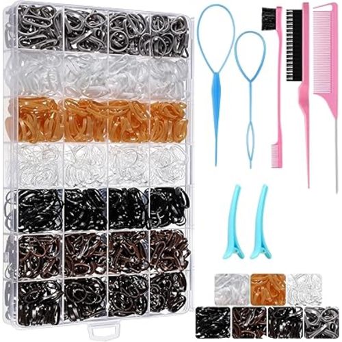 Neutral Colors Rubber Bands with Hair Styling Tools, 1500 Pcs Elastic Ties for Baby, Toddler Hair Accessories, Gift Stocking Stuffers for Girls Women