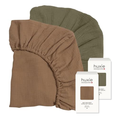 Huxie Mini Crib Sheets – Organic Cotton Muslin Fitted Crib Sheet – Fitted for Pack and Play 24" x 38" Ultra-Soft and Breathable (Sage Green/Natural)
