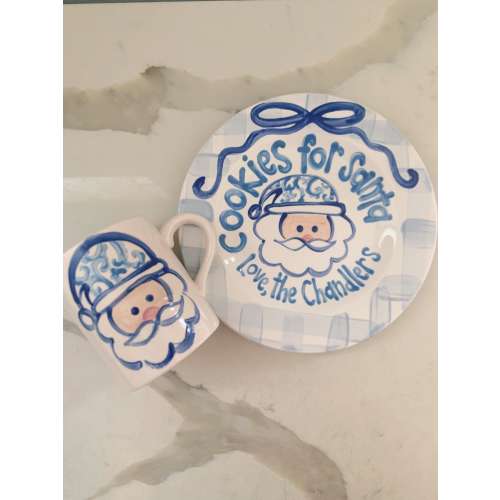 Blue gingham ribbon Cookies and milk for Santa personalized plate & mug / Christmas Plate / Chinoiserie