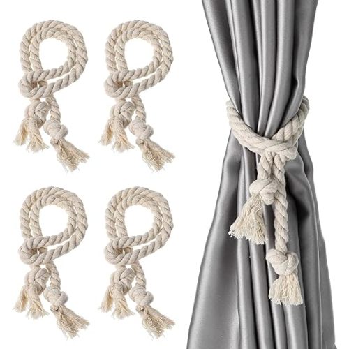 4 Pcs Curtain Tiebacks Natural Cotton Curtain Holders Handmade Heavy Duty Rural Village Rustic Curtain Holdbacks Farmhouse Boho Rope Curtain Tie Back for Outdoor Yard Garden Farmhouse Drapery