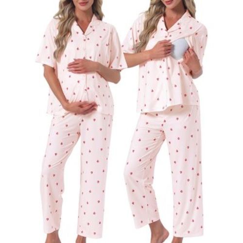 INSPIRE CHIC 2 Pcs Maternity Nursing Short Sleeves Breastfeeding Loungewear Button Down Postpartum Pajama Sets X-Large Pink