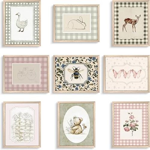 wanyun Vintage Nursery Animal Wall Art Set of 9, Cute Forest Animal Canvas Prints Poster, Rustic Cottage Farm Nursery Wall Decor Painting for Baby Kids Room Playroom, 8x10 Inch Unframed