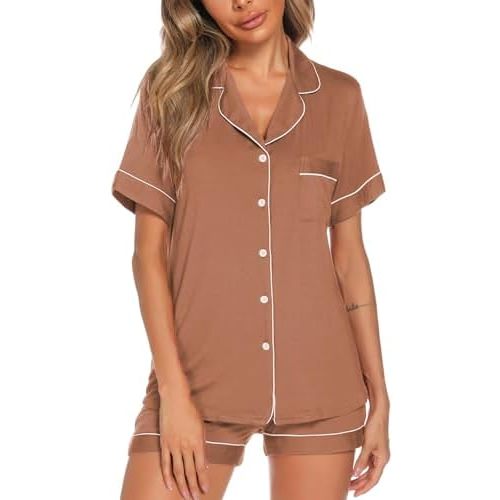 Aamikast Button Up Pajama Set for Women Shorts Short Sleeve Knit Sleepwear 2 Pice Pjs Sets
