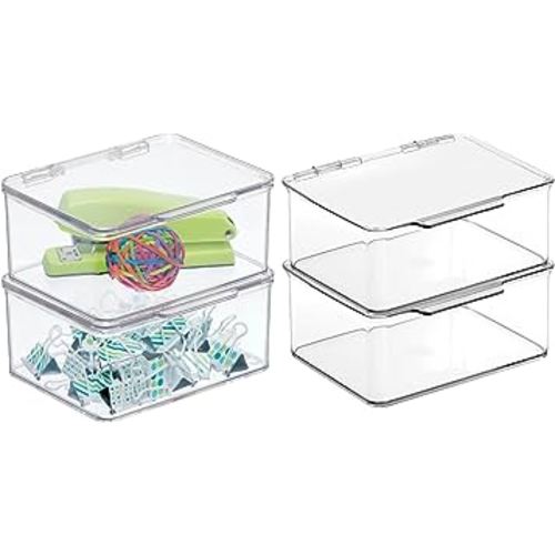 mDesign Small Plastic Home Office Storage Organizer Box Containers w/Hinged Lid for Desktops - Holds Pens, Pencils, Sticky Notes, Highlighters, Staples, Supplies - Lumiere Collection, 4 Pack - Clear