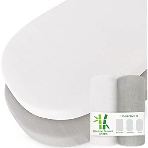 Muslin Bassinet Sheet Fit for Halo, Dream on Me, Fisher Price, Delta, Graco and Other Oval Bassinet Mattress, 2 Pack Bassinet Sheets (16''×32''/17"x32"/20''x33'') for Baby Boys & Girls, Grey and White