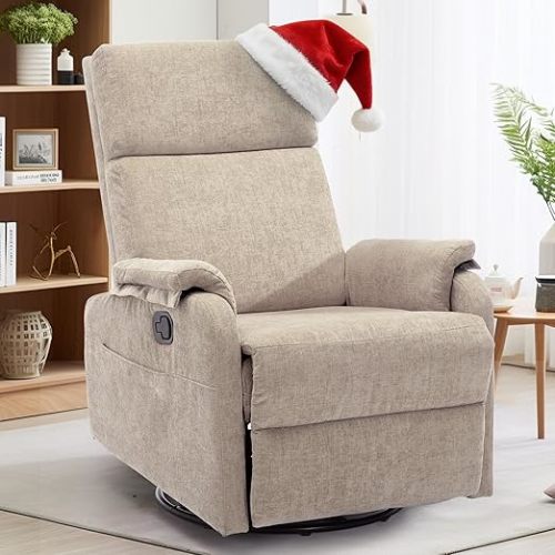 Recliner Chairs, Swivel Rocking Recliner Chair for Adults, Glider Rocking Chair, Small Nursery Recliner for Living Room, Reclining with Modern-Designed Armrests, Chenille, Khaki