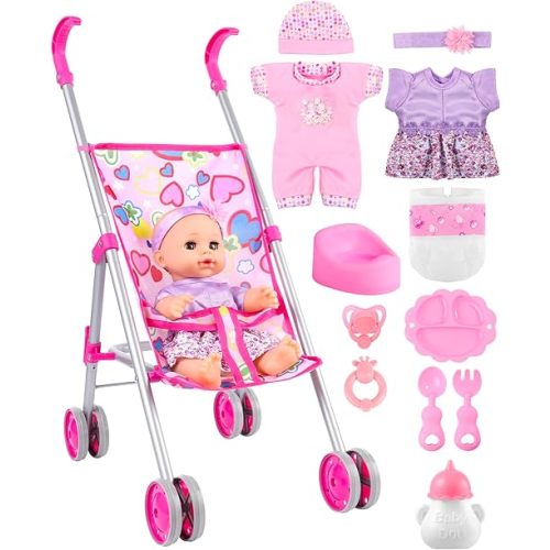 GAGAKU Baby Doll Stroller Playset with 12-inch Doll & Accessories, Foldable Lightweight Toy Stroller for Toddler Girls Kids Ages 1-6, 12" Baby Doll and Accessories Included