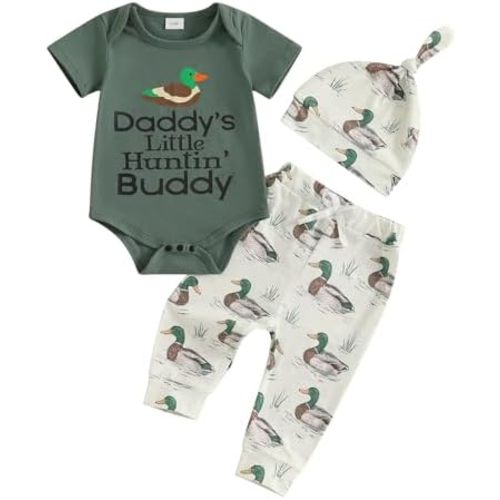 Omkzanbi Baby Boy Hunting Clothes Daddy's Little Hunting Buddy Bodysuit Mallard Duck Jogger Pants Hat 3Pcs Coming Home Outfit