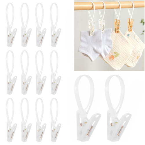 30 Pack Multi-Purpose Laundry Hooks, Plastic Hanging Clips with Rope Hanger Clips for Baby Clothes Closet Organizer for Pants Hat Sock Boot Bra Towel Bathroom Wardrobe Kitchen, White