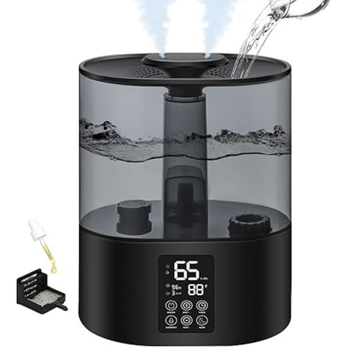 5L Ultrasonic Cool Mist Humidifier for Bedroom & Plants, Baby, Desk - Top Fill, Essential Oil Diffuser, Quiet, 360 Nozzle - Black