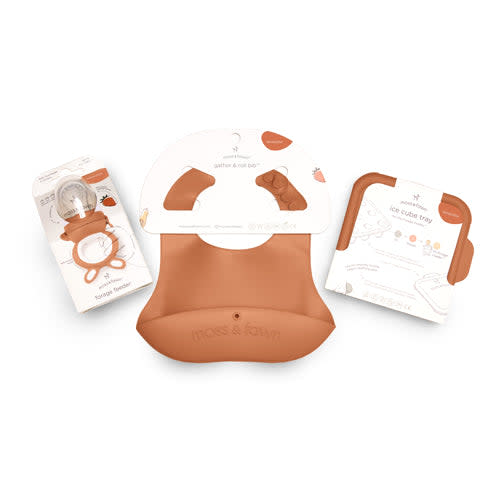 Little Explorer Kit – Feeder, Ice Cube Tray & Gather & Roll Bib Bundle – Moss & Fawn