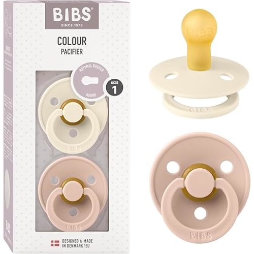BIBS Pacifiers Colour Collection | Natural Rubber Baby Pacifier | Set of 2 BPA-Free Soothers | Made in Denmark | 0+ Months (Pack of 2) | Blush/Ivory