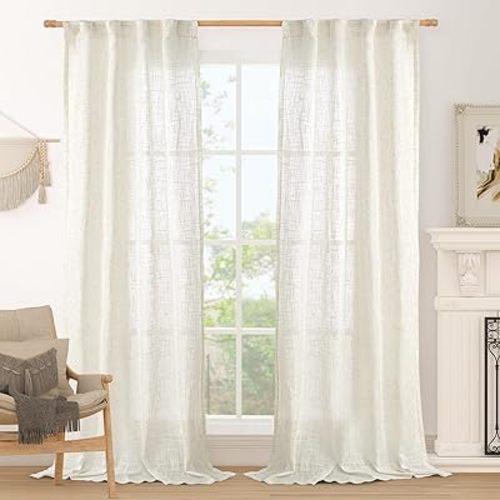 LAMIT Cream Linen Boho Curtains 84 inch Length 2 Panels, Light Filtering Semi Sheer Panels Back Tab and Rod Pocket Neutral Drapes for Bedroom/Living Room, 34 x 84 Inch