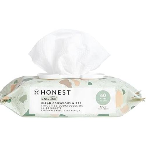 The Honest Company Clean Conscious Unscented Wipes | Over 99% Water, Compostable, Plant-Based, Baby Wipes | Hypoallergenic for Sensitive Skin, EWG Verified | Geo Mood, 60 Count
