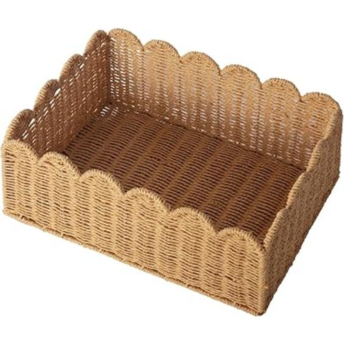 Scalloped Edge Basket, Wicker Storage Baskets, Hand Woven Baskets for Shelves,Natural Baskets for Organizing (M-14" L x 10.5" W x 6" H)
