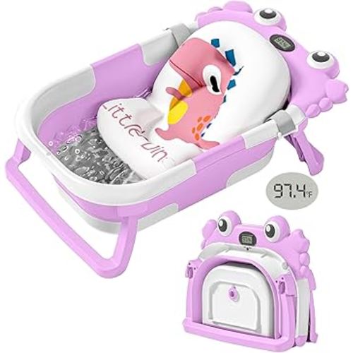 Collapsible Baby Bathtub for Newborns with Thermometer and Soft Floating Cushion Portable and Foldable Travel Baby Bath Tub for Infants to Toddler 0-36 Month (Purple)