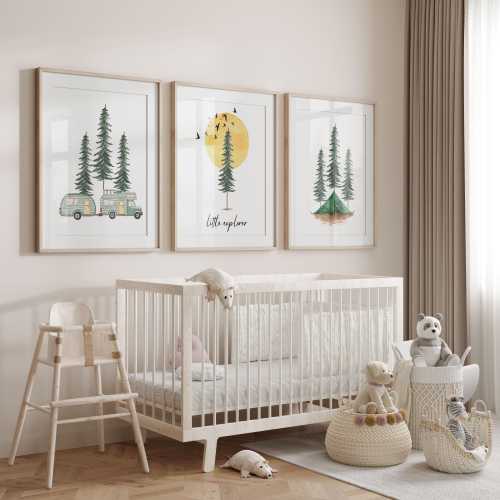 Little Explorer Nursery Wall Art Prints, Camping Nursery Decor, Set of 3 nursery prints, Adventure Kids room Decor, Forest Nursery Print