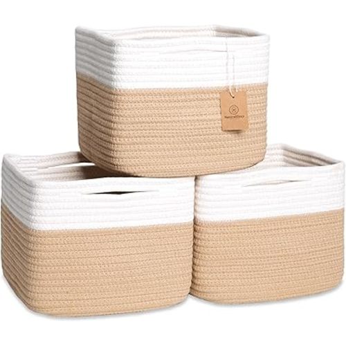 NaturalCozy Storage Cubes 9”x9”x7”Cotton Rope Woven Baskets for Organizing 3-Pack | 9 Inch Cube Storage Bin | Small Basket for Shelf Nursery, Pantry, Decorative Plant, Bathroom Closet, Toy Gift