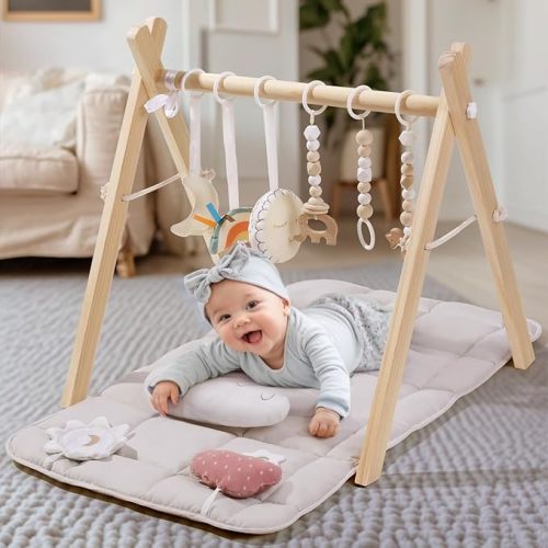 Wooden Play Gym with Beige Mat, Foldable Baby Play Gym, Infant Activity Mat with 6 Hanging Toys, Natural Pine Wood Frame Activity Center, Easy to Assemble & Clean, Newborn Present for Boys & Girls - wooden play gym with mat