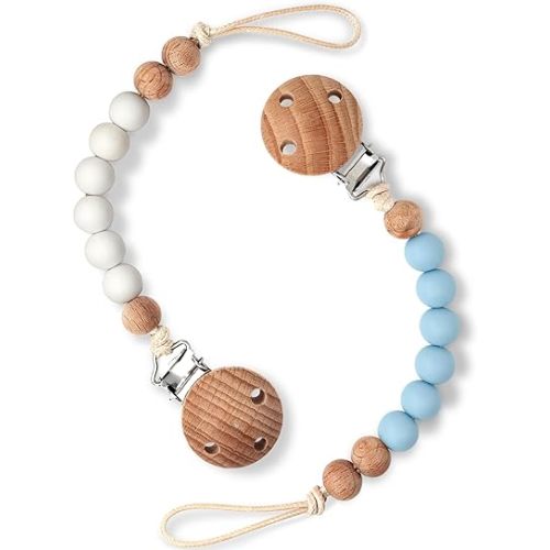 2 Packs Pacifier Clips for Baby, 100% Food Grade Silicone Pacifier Holders, Paci Binky Clips for Baby Girl and Boy, Natural Beech Hardwood (White & Blue)