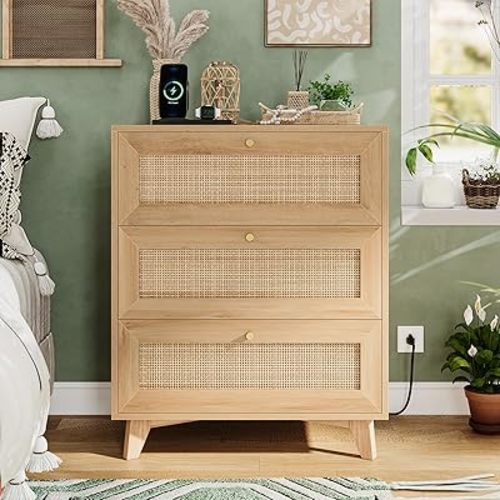 VIAGDO Rattan Nightstand with Charging Station, Natural Rattan Night Stand with 3 Large Wicker Decorated Drawers, Boho Bedside Table, End Side Table, 3 Drawer Dresser for Bedroom