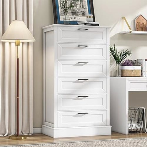 White 6 Drawer Dresser, 55 Inch Tall White Dresser for Bedroom, Modern Farmhouse Style Chest of Drawers for Bedroom Living Room, Wood Rustic Tall Dresser, Organizer for Closet, Living Room, Hallway1