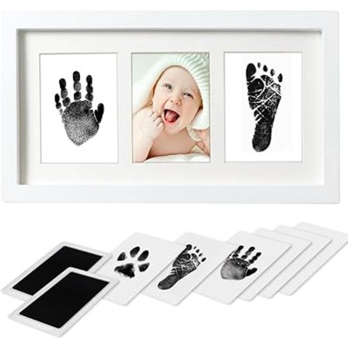 Hand and Footprint Kit - Inkless Handprint Kit With 2 Safe Clean-Touch Ink Pads and Wooden Picture Frame for Newborn - Gifts for New Parents, Baby Shower