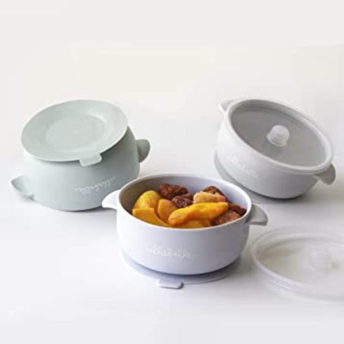 Ullabelle Silicone Baby Bowls with Lids | Toddler Food Storage Bowls | 100% Food Grade Silicone | BPA Free and Nontoxic Material | Independent Feeding (Blue/Sage/Grey, 3 Bowls)