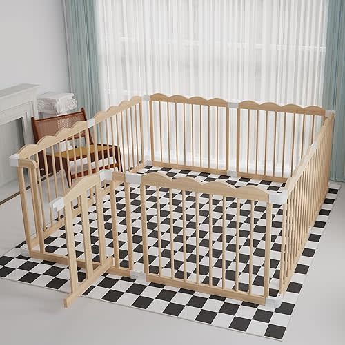 Baby Playpen, Wooden Playpen for Babies and Toddlers, Large Adjustable Wooden Baby Playpen with Locking Gate, Easy to Assemble, Portable Playpen, Baby Fence Play Area(62x70x24 Inch)