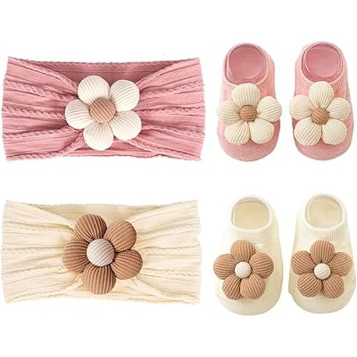 Baby Girl Headbands and Socks,Non-Slip Grips Socks Flower Soft Hairbands Hair Accessories for Infant Toddler Kids (US, Age, 6 Months, 12 Months, pink beige)
