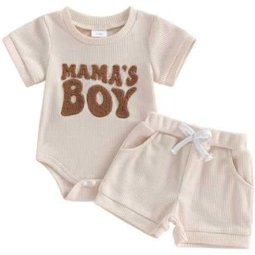 Amiblvowa Newborn 0 3 6 9 12 Months Baby Boy Summer Clothes Letter Print Romper Short Sets Waffle Knit 2 Piece Infant Outfits