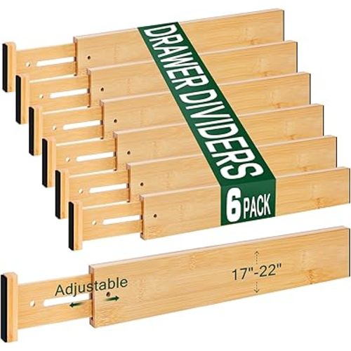 Drawer Divider 6 PACK - Kitchen Drawer Organizer Adjustable (17"- 22") - Bamboo Kitchen Drawer Dividers Organizers, Drawer Dividers Perfect for Organizing Clothes, Utensils, Makeup, Bathroom Clutter