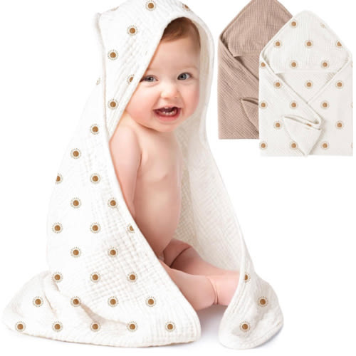 Konssy 2-Pack Muslin Hooded Baby Towels, 100% Cotton, Ultra-Soft & Absorbent Baby Bath Towels with Hood for Newborn & Infant (Camel, Sun,30" x 30")