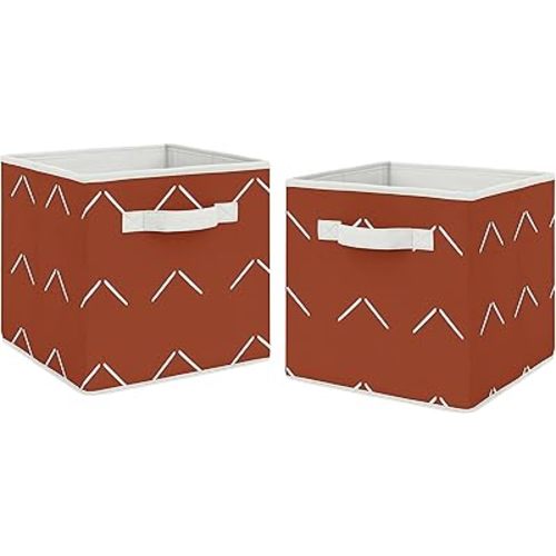Sweet Jojo Designs Boho Arrow Foldable Fabric Storage Cube Bins Boxes Organizer Toys Baby Kids - Set of 2 - Ivory Burnt Orange Rust Farmhouse Southwest Shabby Chic Bohemian Diamond Tuft Collection