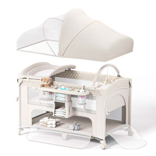 Babyomi 4-in-1 Baby Bassinet, Diaper Changer, Height Adjustable Bedside Crib, Portable, Beige