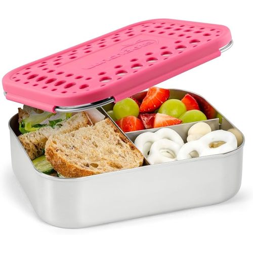LunchBots Medium Trio II Snack Container - Divided Stainless Steel Food Container - Three Sections for Snacks On the Go - Eco-Friendly, Dishwasher Safe, BPA-Free - Stainless Lid - Pink Dots