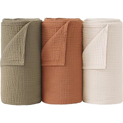 Bearmoss Muslin Swaddle Blankets 100% Cotton Large Baby Swaddle Blankets 47x47in, Super Soft Breathable Receiving Blankets for Unisex Baby Boys Girls (3Pack Nutty Sauce)