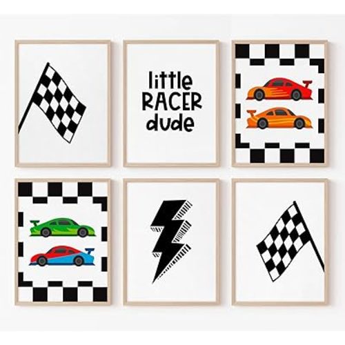 Race Car Wall Art Pictures Boys Room Wall Decor Nursery Toddler Canvas Wall Art Kids Playroom Art Prints Boys Race Car Poster Nursery Artwork Set of 6 for Bedroom 8x10 Inch Unframed