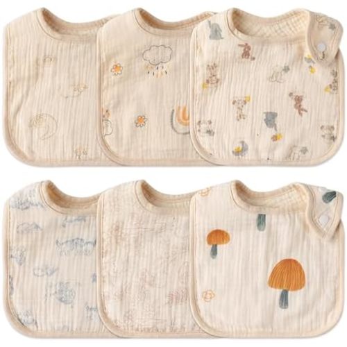 Zainpe 6Pcs Snap Muslin Cotton Baby Bibs Cute Infants Drooling Bib Soft Absorbent Adjustable Burp Cloths