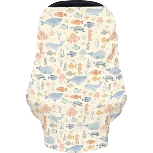 Watercolor Sea Animals Baby Car Seats Covers Coastal Whale Shark Turtle Seahorse Multi-Use Breastfeeding Cover Carseats Marine Ocean Animals Canopy Cover Infant Stroller Covers for Baby Boys Girls