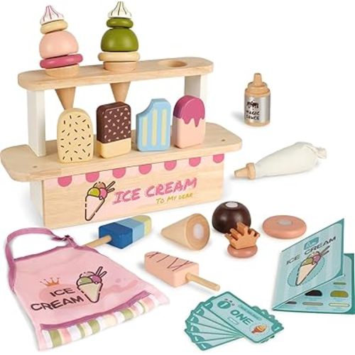 Ice Cream Toys for Toddlers 3-5, Wooden Ice Cream Stand for Kids, Popsicle Toys Ice Cream Set, Kids Ice Cream Shop Playset, Ice Cream Truck Toy Gift for Girl Boy 3 4 5 Years, Wooden Play Food Set