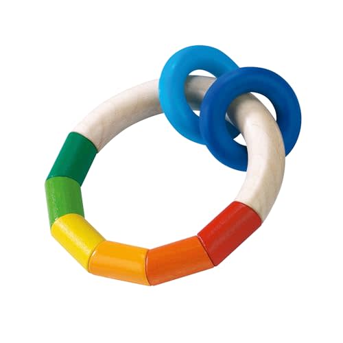 HABA Wooden Rainbow Teething Rattle Toy for Babies 0-18 Months - Kringlering Wood Grasping Toy with Plastic Rings - Sensory Toys for Babies, Made in Germany