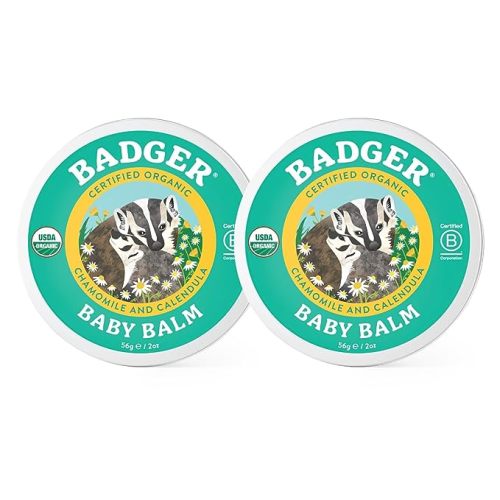 Badger Baby Balm w Chamomile Calendula, All Organic Baby Moisturizer for Cradle Cap Diaper Rash, Soothing Nourishing Gentle Baby Skin Care, Concentrated Baby Lotion for Newborn to Toddler, 2 oz (2 Pack)