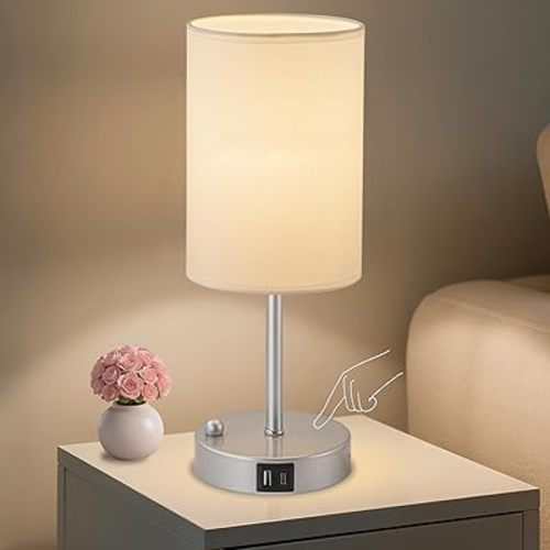 Briever Touch Control Table Lamp for Bedroom, 3-Way Dimmable Nightstand Lamp with USB Charging Ports, Bedside Desk Lamp with Silver Base Phone Stand & Linen Fabric Shade, Bulb Included